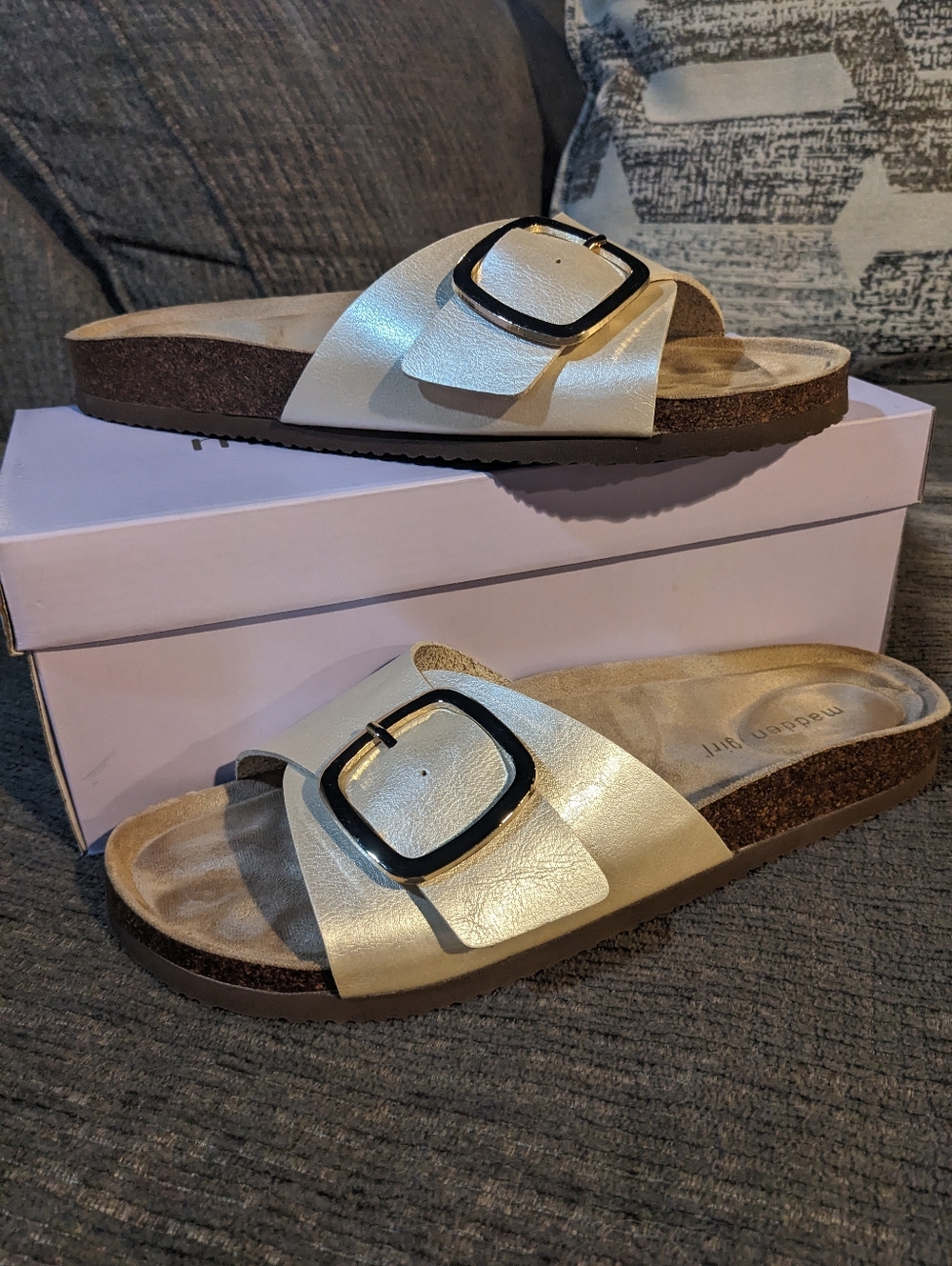 Steve Madden Metallic Gold Slide Sandals with Buckle